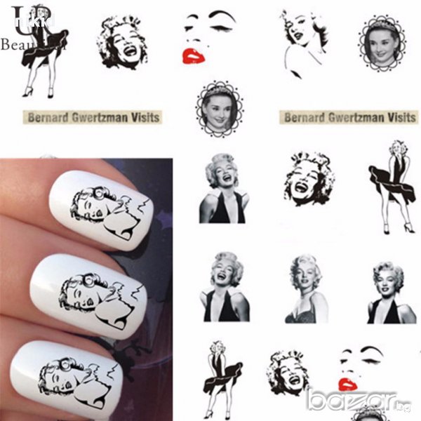 ST09 Мерилин Монро лица татос ваденки водни стикери за нокти маникюр, снимка 1