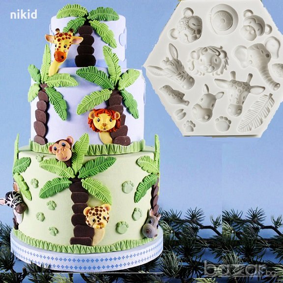 Зоо животни глава слон жираф лъв маймуна палма силиконов молд форма за украса торта с фондан шоколад, снимка 1