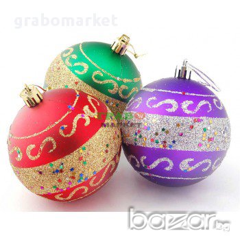 Комплект от 6 бр. цветни топки за окачване на елха, декорирани с брокат. Изработени от PVC материал., снимка 2 - Коледни подаръци - 16202236