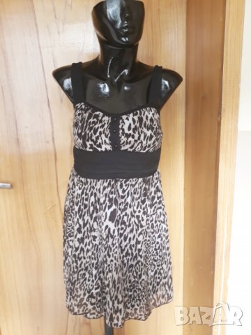 Кафява къса рокля леопардов принт от шифон С/М, снимка 1 - Рокли - 25695460
