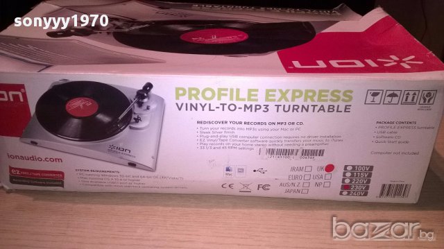 Ion-profile express-vinyl to mp3 turnable-в кашон-внос англия, снимка 11 - Ресийвъри, усилватели, смесителни пултове - 16846216