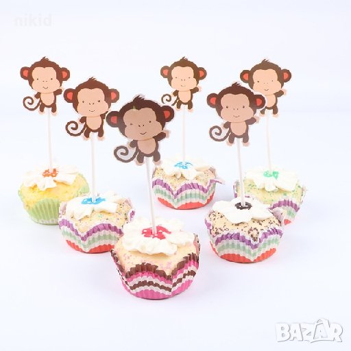 24 бр Маймунки топери клечки за кексчета мъфини парти украса декорация, снимка 1