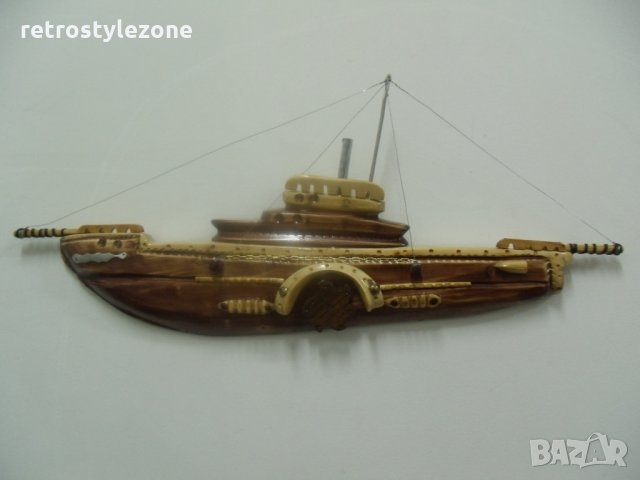 № 1654 старо пано за стена - кораб / водомет  - ръчна изработка от дърво  - размери - 70 / 29 см, снимка 2 - Други ценни предмети - 23678528