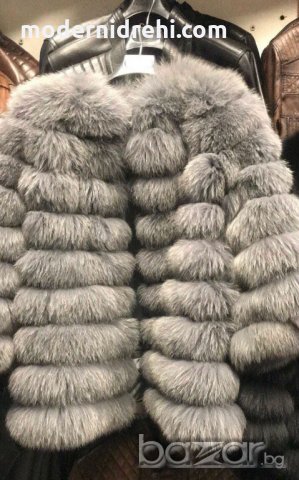 Дамско елегантно палто от лисица със свалящи се ръкави и дължина сиво, снимка 1 - Палта, манта - 20239525