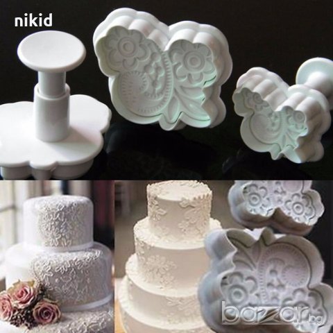 3 бр пластмасови дантели с 2 цветя резци с бутало релефни украса сладки торта фондан тесто резец