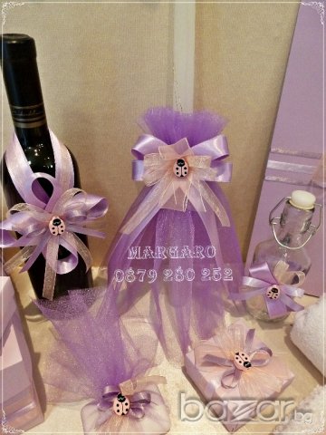 Комплект за кръщене в лилаво и цвят праскова с калинки, снимка 4 - Подаръци за кръщене - 17097066