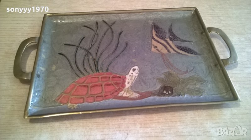 поднос с риба и костенурка-мед/месинг-24х21см-внос швеицария, снимка 1