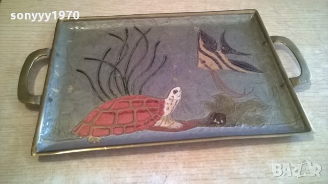 поднос с риба и костенурка-мед/месинг-24х21см-внос швеицария