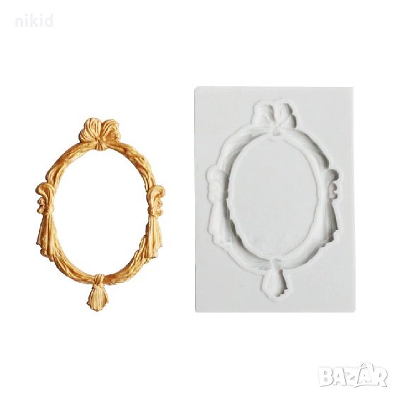 Фина рамка овал с панделка и възел силиконов молд форма декор торта сладки фондан шоколад, снимка 1