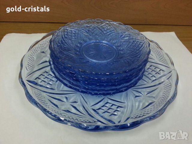 Стъклени чинии и поднос цветно синьо стъкло, снимка 12 - Антикварни и старинни предмети - 26194372