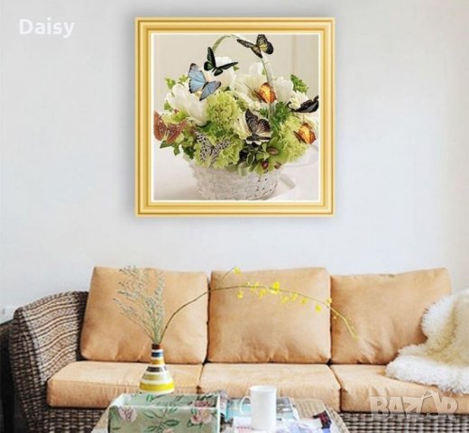 Диамантен гоблен"Кошничка с цветя и пеперуди"5D, снимка 2 - Гоблени - 24454466