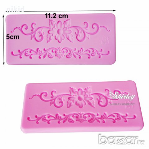 борд кант с 2 цвете и орнамент силиконов молд форма за украса торта с фондан шоколад дантела