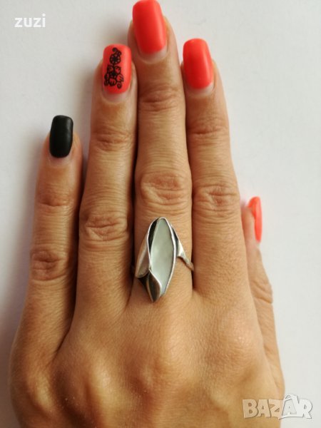 Ръчен сребърен  пръстен с бял седеф  , снимка 1