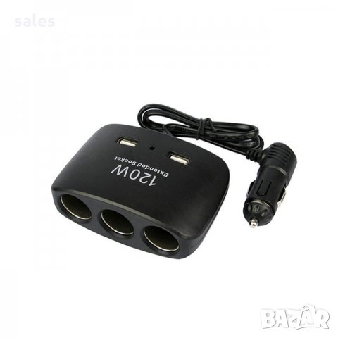 Разклонител за запалка с 3 гнезда и 2бр. USB Voltor, 12V-24V, Кабел, снимка 1