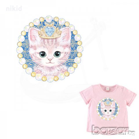 Коте с корона голяма щампа термо апликация картинка за дреха блуза, снимка 1 - Други - 21452777