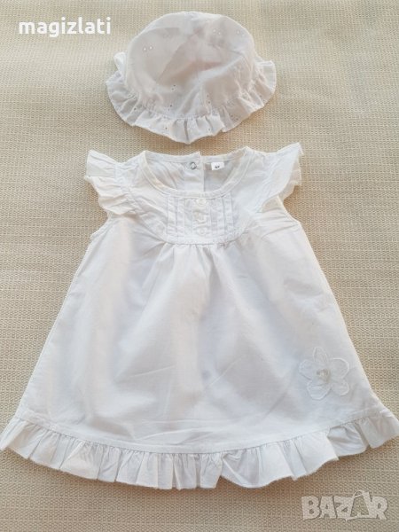 Бяла рокля и шапчица 0-3 месеца, снимка 1