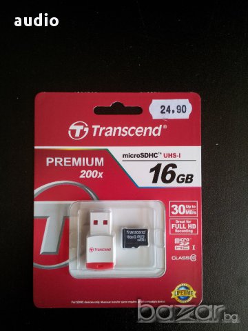 Продавам карта памет Transcend 16GB micro SDHC (with reader - Class 10), снимка 1 - Карти памет - 11336253
