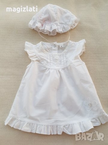 Бяла рокля и шапчица 0-3 месеца, снимка 4 - Бебешки рокли - 22676915