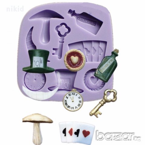 Алиса в страната на чудесата фокуси хазарт шапка ключ часовник гъба шише силиконов молд форма фондан, снимка 2 - Форми - 17206777