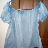 Дънкова блуза с перли, снимка 3 - Тениски - 25623038