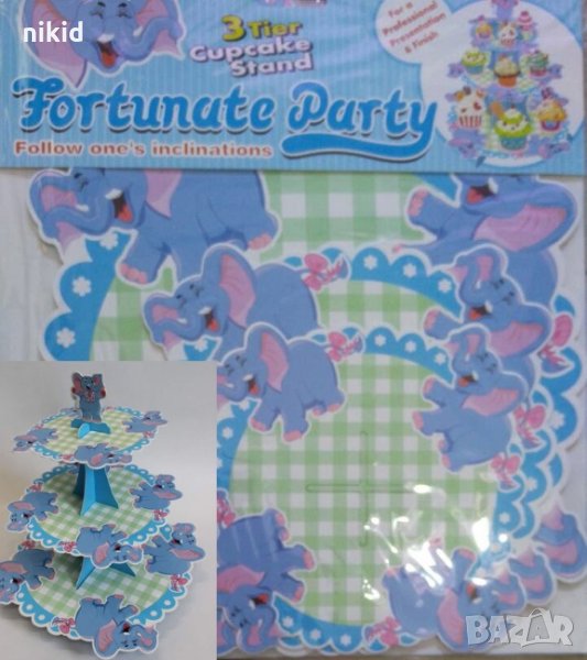 Синя Слончета кексчета 3 етажна Триетажна поставка стойка за мъфини картонена, снимка 1