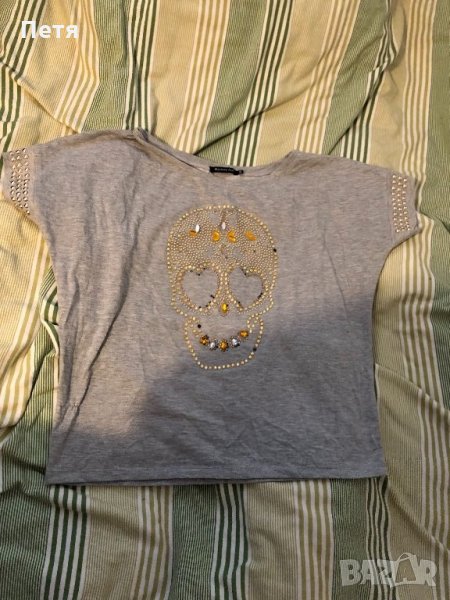 Дамска сива блуза с череп от камъни, снимка 1