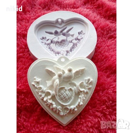 2 гълъба гълъби гълъб в Голямо сърце сватбен силиконов фондан гипс молд форма шоколад глина сватба, снимка 1 - Форми - 22430238