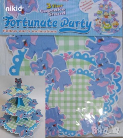 Синя Слончета кексчета 3 етажна Триетажна поставка стойка за мъфини картонена