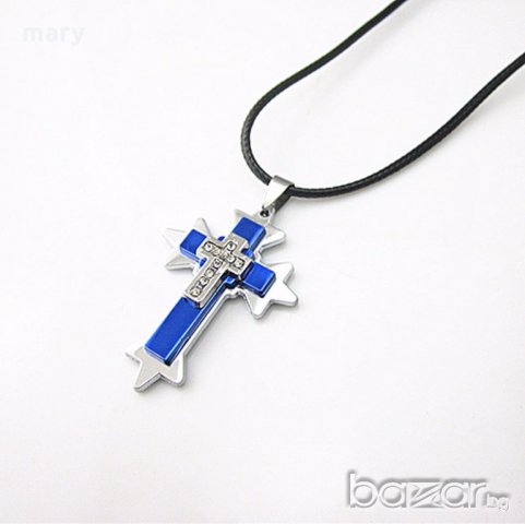 масивен заострен син кръст с циркон + шнур, снимка 2 - Колиета, медальони, синджири - 18590492