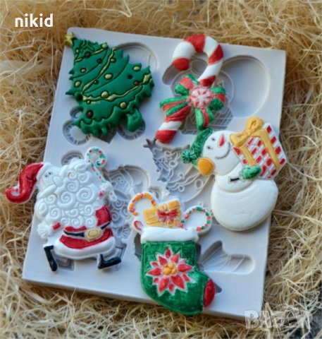5 големи Коледни фигурки силиконов молд форма декорация торта фондан шоколад и др, снимка 1 - Форми - 24066841