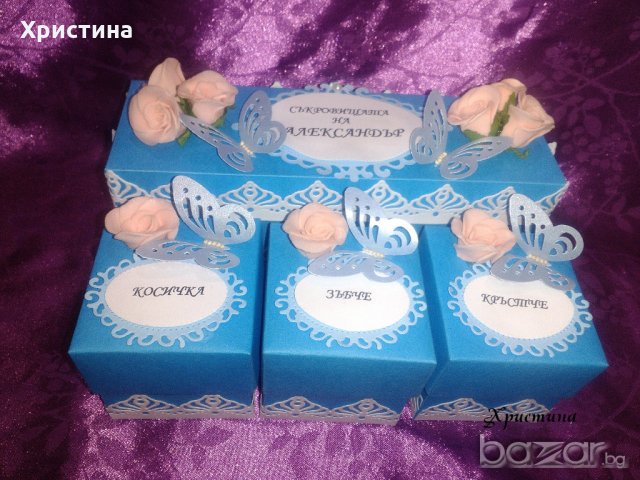 Кутия за бебешки съкровища с рози и пеперуди, кутии за бебешки спомени в синьо