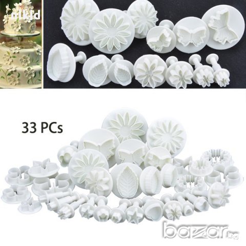 33 форми пластмасови резци с бутало 10 комплекта за украса декор торти фондан, снимка 1 - Форми - 9803428