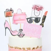 8 бр Козметика Мода Happy Birthday топер клечки картон декор украса за торта рожден ден, снимка 1 - Други - 25683131