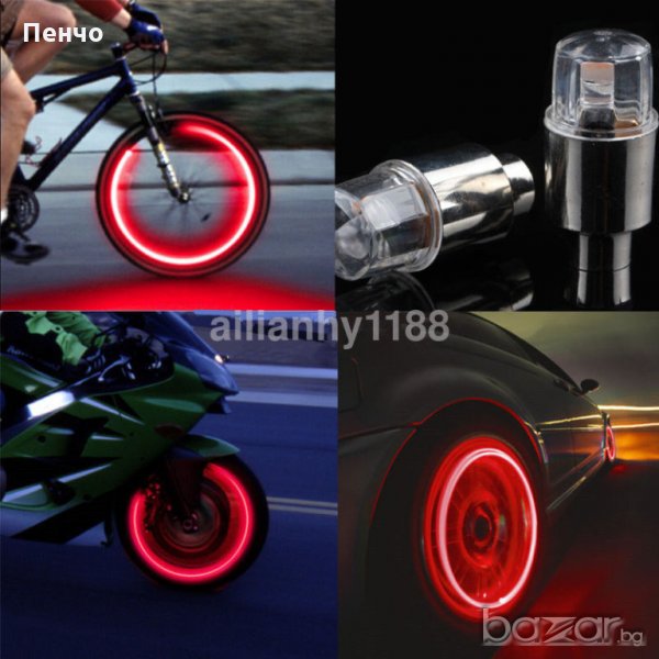 2X червени LED светлини за капачки на вентили на велосипед, кола, мотор, колело Neon, снимка 1