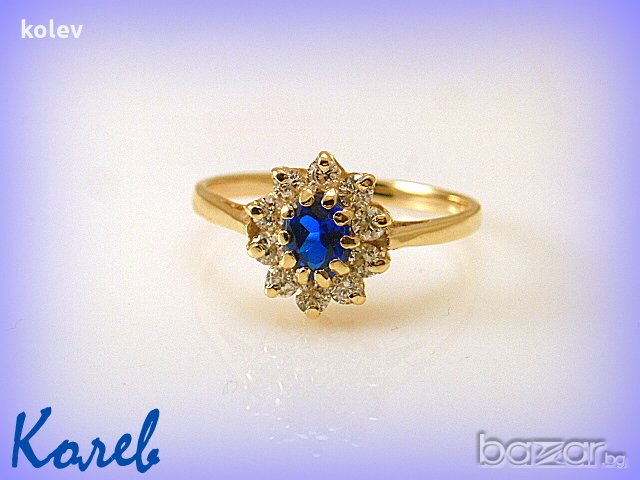 златен пръстен корона със син шпинел 2.31 грама/размер №52, снимка 2 - Пръстени - 20665081