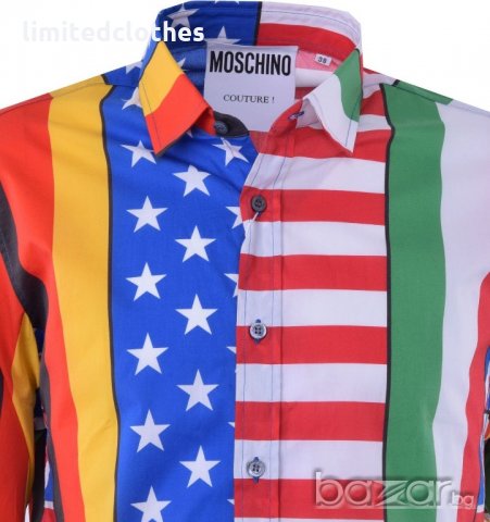 MOSCHINO MULTI FLAG PRINT Мъжка Риза с Къс Ръкав size M / L, снимка 3 - Ризи - 20915023