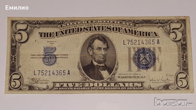 RARE $ 5 Dollars Silver Certificate 1934-C Rare block L A, снимка 1
