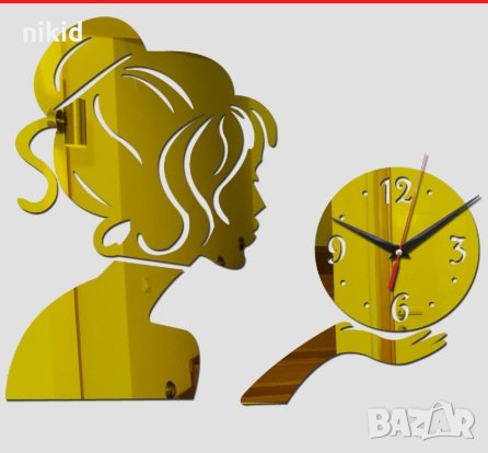 момиче дама с кок самозалепващ златист стенен часовник уникален атрактивен дизайн, снимка 1