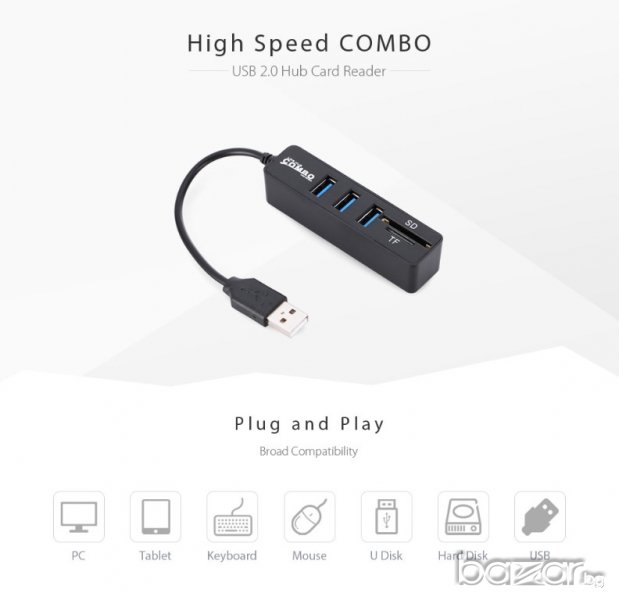 Високоскоростен Combo 5 портов USB 2.0 Hub и Card Reader, снимка 1