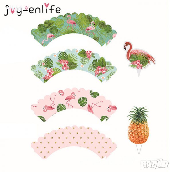 2 вида 12 бр Фламинго Хаваи Ананас Тропик двулицеви топери и кошнички украса за мъфини, снимка 1
