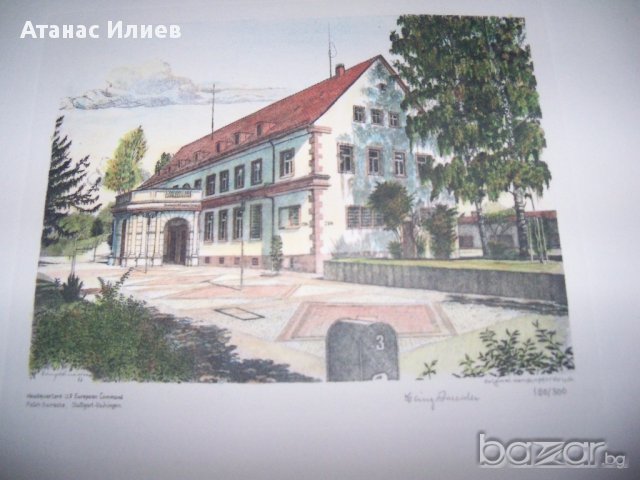"Седалище на американското командване в Европа" гравюра подписана, снимка 2 - Картини - 12219482