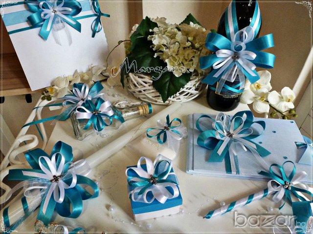 Комплект за кръщене и подаръчета в светло синьо и тюркоаз с кръстче, снимка 3 - Подаръци за кръщене - 16620017