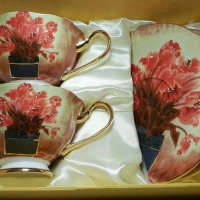 Костен порцелан за кафе и чай с цветя - красиви лалета, снимка 2 - Подаръци за рожден ден - 20880511