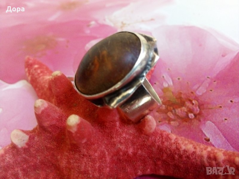 Стар сребърен пръстен с естествен кехлибар, снимка 1