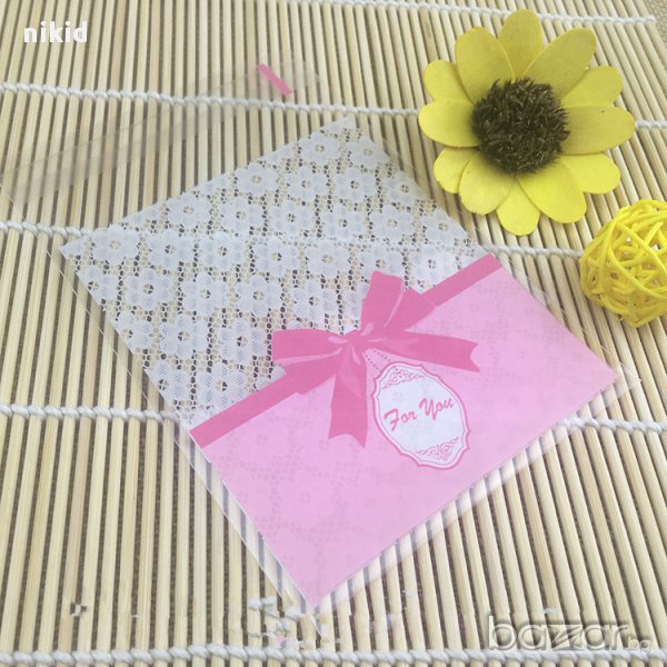 50 бр големи розови с точки с панделка опаковъчни пликчета торбички за дребни сладки ръчна изработка, снимка 1