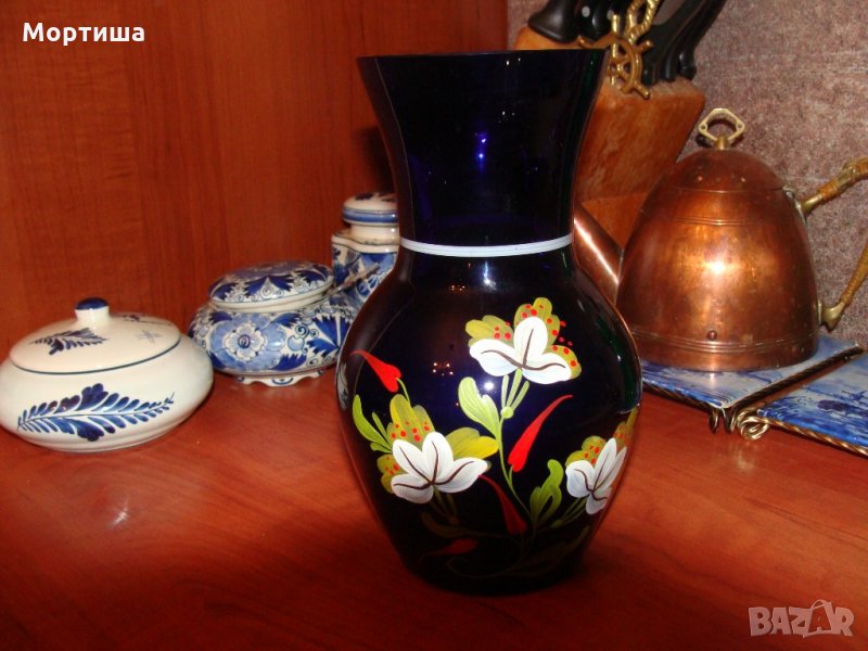Винтидж стъклена ваза кобалт , снимка 1
