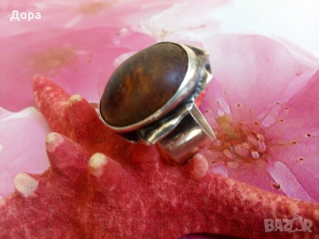 Стар сребърен пръстен с естествен кехлибар, снимка 1 - Пръстени - 25958803