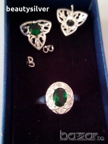 Сребърни обеци и пръстен със зелен или син Цирконий, код 0519, снимка 3 - Бижутерийни комплекти - 11006143