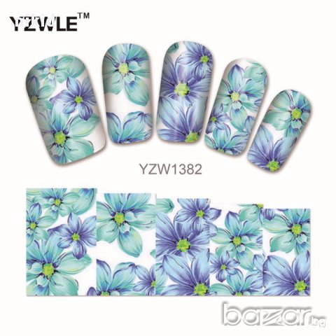 yzw-1382 татос ваденки водни стикери за нокти сини цветя, снимка 1 - Продукти за маникюр - 14738099