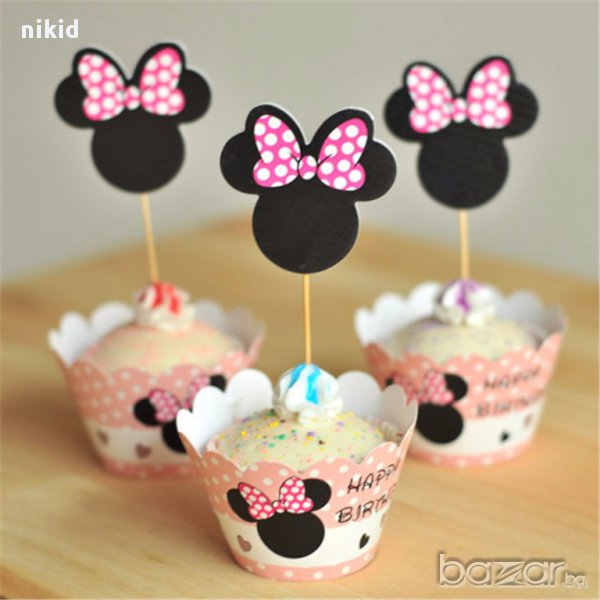 топери и кошнички украса декорация за мъфини кексчета торта и парти Мини Маус розови , снимка 1